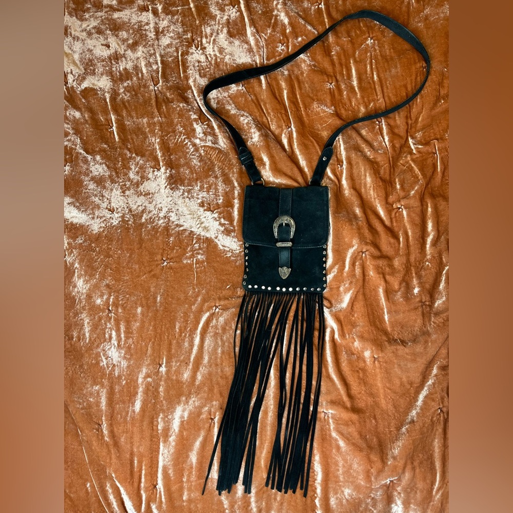 Black faux suede crossbody with fringe